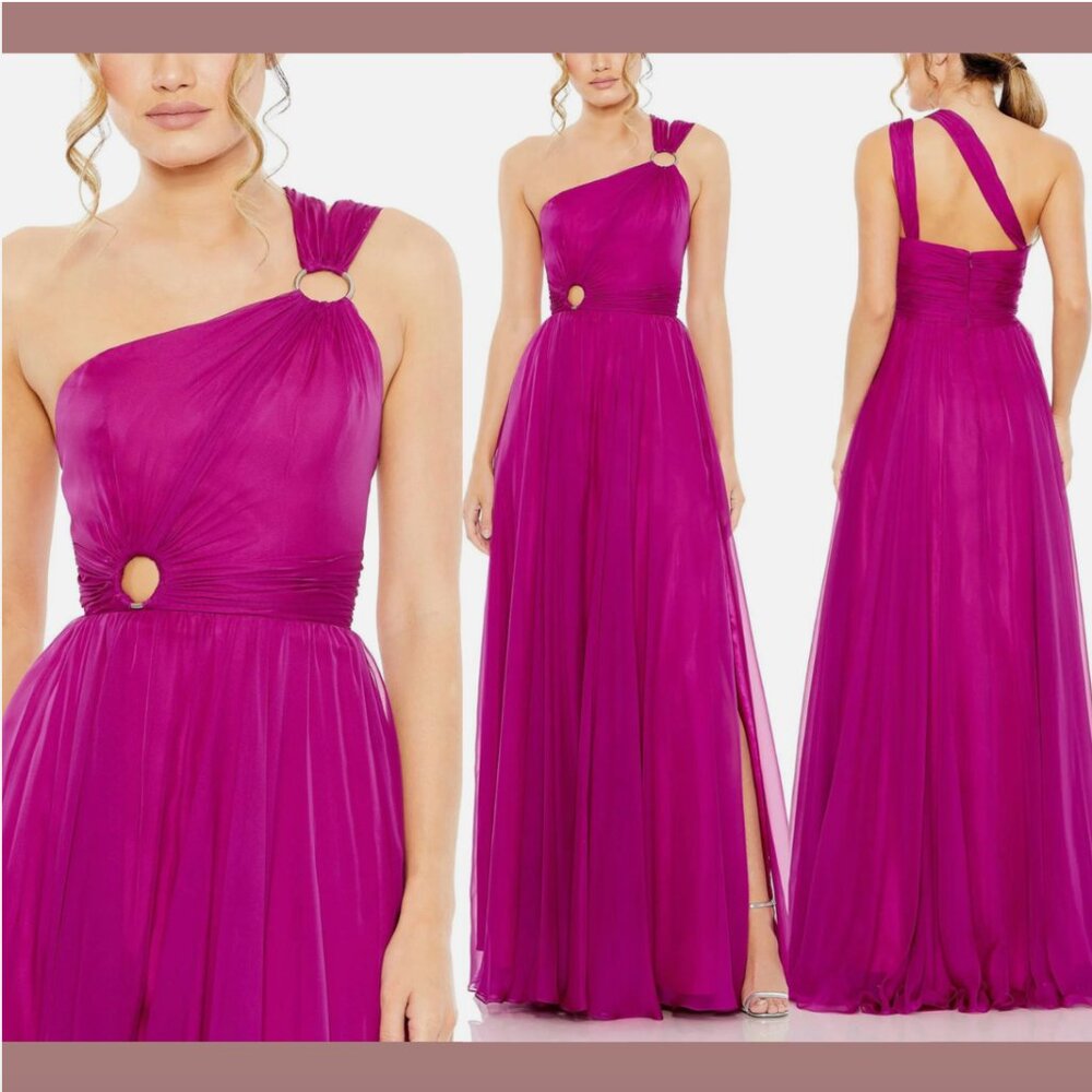 NWT $498 IEENA Mac Duggal [ 6 ] Strappy One Shoulder A Line Gown Magenta #Q702‎